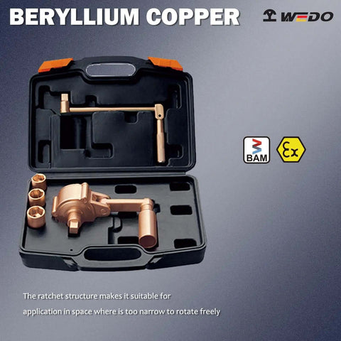 Top Shelf Beryllium Copper Nonsparking Wrench And Socket Kit For Flammable Storage Areas with ratchet handle and multiple sockets.