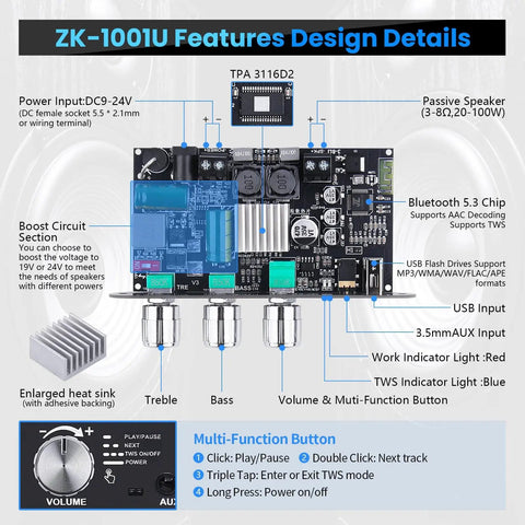 Two Pack Bluetooth 5.3 Mono Amplifier Board With TWS And Boost Circuit For Home And Outdoor DIY Speakers 100W Power Output