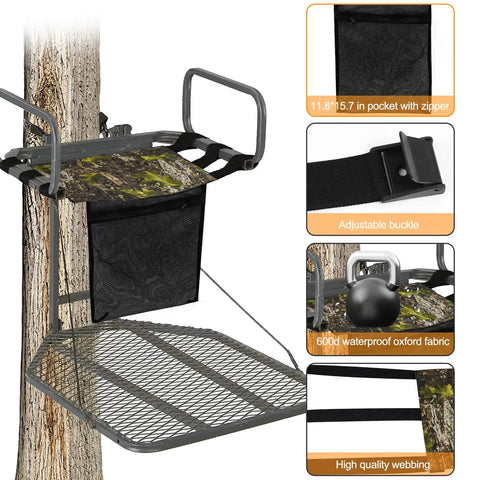 Lightweight 16X12 Inch Tree Stand Seat Replacement with Pocket, adjustable straps, fits all ladder stands, shown on a tree stand.
