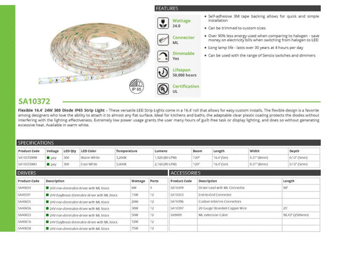 LED Flexible Strip Light 24V 24W IP65 196.85 Inch Warm White With Self Adhesive Backing Product Features and Specifications