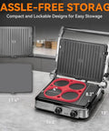 Bakers Friend 4 Slice Panini Press Grill Cheese Sandwich Maker Electric Indoor with Temp Control Opens 180 Degrees, showing silicone mold for eggs.