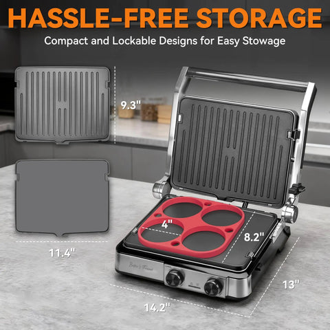 Bakers Friend 4 Slice Panini Press Grill Cheese Sandwich Maker Electric Indoor with Temp Control Opens 180 Degrees, showing silicone mold for eggs.