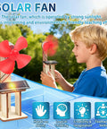 Six Solar Fan STEM Kits For Kids Ages Six To Twelve, Hands On Classroom Science Projects With Solar Panel, Motor, Blades, And Illustrated Instructions, Easy Assembly, Perfect For Learning Circuits And Solar Power. Boy holding solar fan STEM kit outdoors