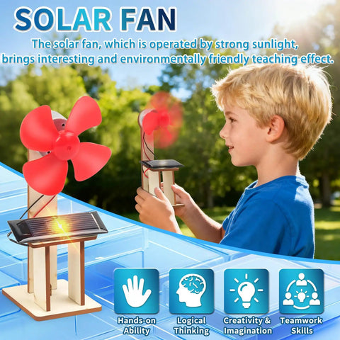 Six Solar Fan STEM Kits For Kids Ages Six To Twelve, Hands On Classroom Science Projects With Solar Panel, Motor, Blades, And Illustrated Instructions, Easy Assembly, Perfect For Learning Circuits And Solar Power. Boy holding solar fan STEM kit outdoors