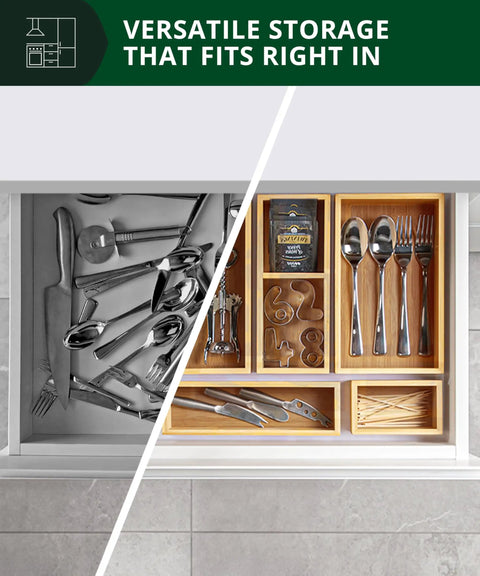 Premium Five Piece Bamboo Drawer Organizer Set featuring versatile storage trays for kitchen bedroom and office