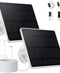 2-Pack 6W Solar Panel Charger For Outdoor Wireless Security Cameras Battery Powered, Fast Solar Charger For Spotlight Cam And Stick Up Cam, Smart Continuous Power Supply With USB-C And DC Port, showing two solar panels with included USB-C and DC cables, wall mounts, and camera compatibility illustrations.