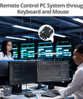 Solid Hdmi Kvm Over IP Receiver Locking In 4K At 30Hz With Up To 394 Foot Range For Cat6 Cables Plus keyboard and mouse setup in a control room.