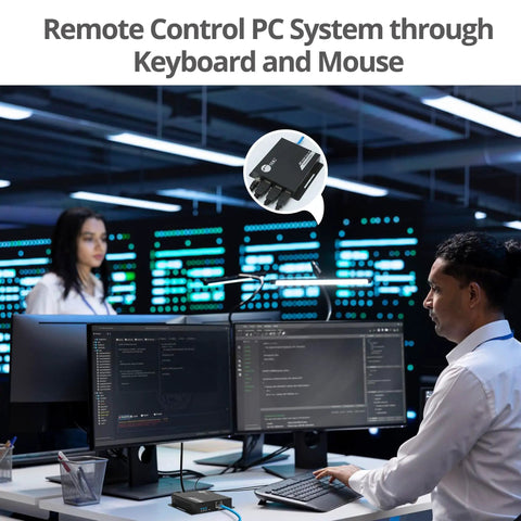Solid Hdmi Kvm Over IP Receiver Locking In 4K At 30Hz With Up To 394 Foot Range For Cat6 Cables Plus keyboard and mouse setup in a control room.