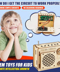 Child with DIY FM Radio Kit For Beginners Build Your Own 88 To 108 MHz Radio Toy, showing wooden open speaker box.