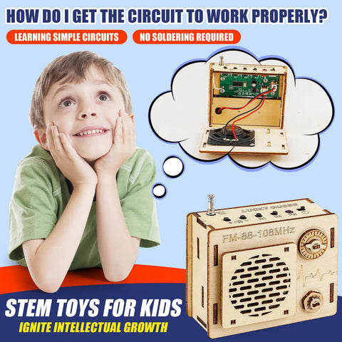 Child with DIY FM Radio Kit For Beginners Build Your Own 88 To 108 MHz Radio Toy, showing wooden open speaker box.