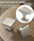 Sweet Brushed Nickel Cabinet Knobs 6 Pack Premium Zinc Alloy Square Drawer Pulls displayed with detailed cross section on wooden table.