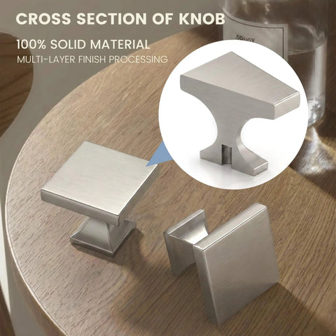 Sweet Brushed Nickel Cabinet Knobs 6 Pack Premium Zinc Alloy Square Drawer Pulls displayed with detailed cross section on wooden table.