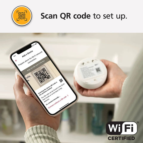 Person holding a smartphone scanning QR code on WiFi Water Leak Detector and Freeze Alarm with Alexa Compatibility, Smart Home Leak Sensor