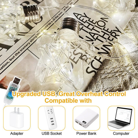 USB powered Star Curtain Lights With Wishing Ball LED Fairy String Lights with plugs shown