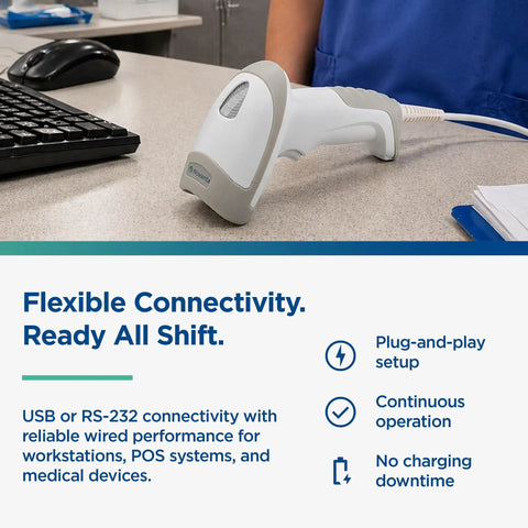 Rugged Workhorse Handheld Barcode Scanner USB Plug And Play 1D And 2D Code Reader on desk in healthcare setting
