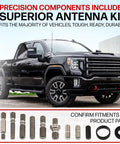 23 Inch EPDM Rubber Replacement Antenna For Ford F Series F150 F250 F350 Chevy Silverado GMC Sierra Jeep Wrangler Toyota Tacoma Tundra FJ Cruiser displayed with installation components