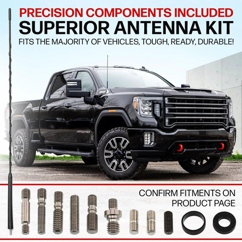 23 Inch EPDM Rubber Replacement Antenna For Ford F Series F150 F250 F350 Chevy Silverado GMC Sierra Jeep Wrangler Toyota Tacoma Tundra FJ Cruiser displayed with installation components