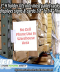 Heavy Duty Warehouse Aisle Sign Holders With Flexible Hinge For Pallet Rack Uprights Holding Quarter Inch Signs mounted displaying a safety rule.
