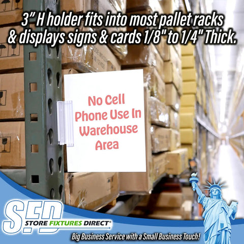 Heavy Duty Warehouse Aisle Sign Holders With Flexible Hinge For Pallet Rack Uprights Holding Quarter Inch Signs mounted displaying a safety rule.