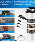 6.5L Pneumatic And Manual Oil Extractor Pump Kit with vacuum change evacuator shown with tractors and agricultural machinery.