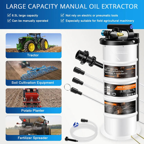 6.5L Pneumatic And Manual Oil Extractor Pump Kit with vacuum change evacuator shown with tractors and agricultural machinery.