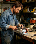 Powerful Mini Bench Grinder With 100W Brushless Motor Delivers Lightning Fast Six Thousand RPM Grinding Action Perfect For Precision Sharpening And Smoothing Wood Metal Blades In Small Workspaces Effortlessly, used by a man sharpening scissors.