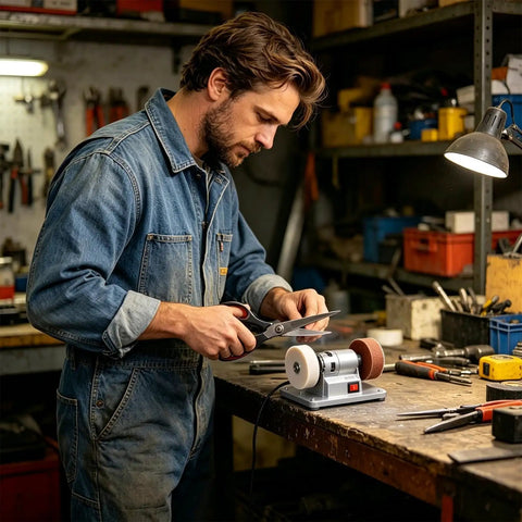 Powerful Mini Bench Grinder With 100W Brushless Motor Delivers Lightning Fast Six Thousand RPM Grinding Action Perfect For Precision Sharpening And Smoothing Wood Metal Blades In Small Workspaces Effortlessly, used by a man sharpening scissors.
