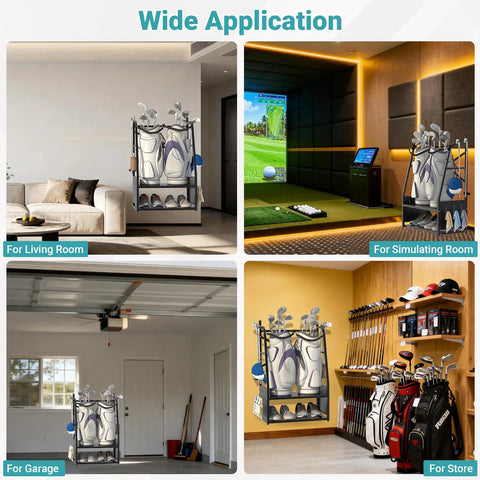Two Bag Golf Bag Organizer Wall Mount Or Freestanding With Four Club Racks Ten Hooks And Storage Shelf in various settings