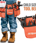 Child wearing tool belt from Orange 16 Piece Real Tools Kids Tool Kit Set With Child Size Tool Belt For DIY Building Woodworking And Construction