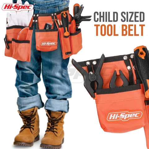 Child wearing tool belt from Orange 16 Piece Real Tools Kids Tool Kit Set With Child Size Tool Belt For DIY Building Woodworking And Construction