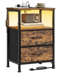 Solid Industrial Nightstand With Fast Charge Hub And Smart Led Dimmer Two Deep Drawers Plus Open Shelf Rustic Brown Black Frame, modern bedside table with vintage touch.