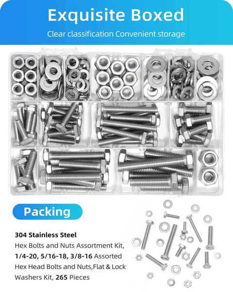 265 Piece Hex Bolt And Nut Assortment Kit Featuring 304 Stainless Steel Fasteners with flat and lock washers in storage box.