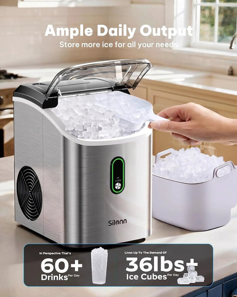 Snappy Countertop Nugget Ice Maker With SelfClean Tech Cranks Out 36 Pounds Of Chewable Sonic Pellet Ice Daily sitting on a kitchen counter.