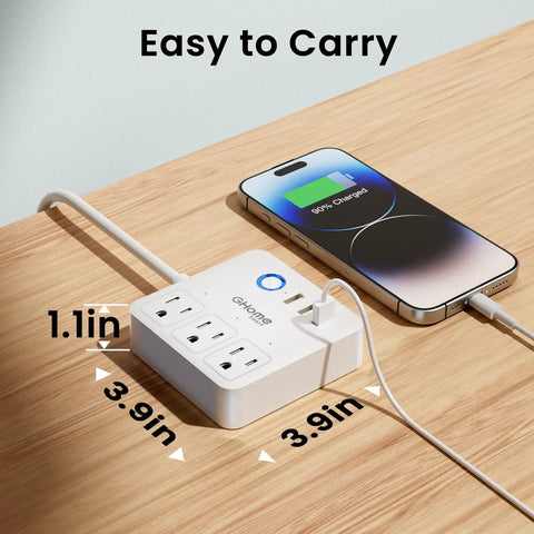 Smart Power Strip With 3 WiFi Outlets And 3 USB Ports, ETL Listed Surge Protector next to charging phone on wooden desk