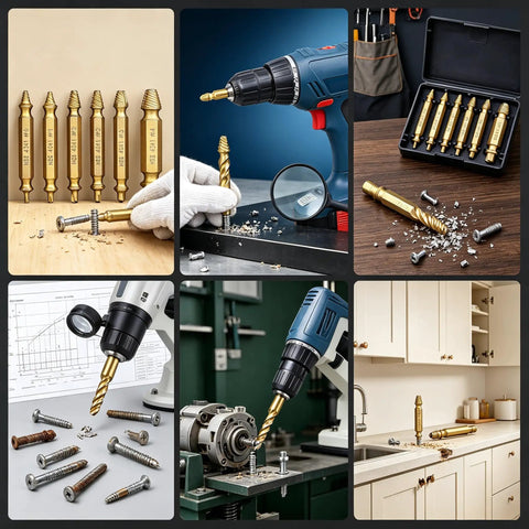 Premium 6-Piece Screw Extractor Kit Made From Tough HSS Steel To Fix Stripped Bolts, Damaged Screws, And Nuts For Daily Repairs And Heavy Auto Jobs Without Hassle. 6-piece HSS screw extractor kit for stripped bolts and screws, used with drill