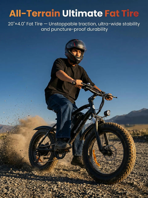 Powerful 1000W Fat Tire Electric Bike For Adults And Teens, 20 MPH Top Speed, 20x4 Fat Tires, Removable 10.4Ah Battery, USB Charging Port, 7-Speed Mountain And Commuter Ebike, Four Bikes In One For City, Trail, Snow And More. Rider on 20x4 all-terrain fat tire ebike on rocky trail