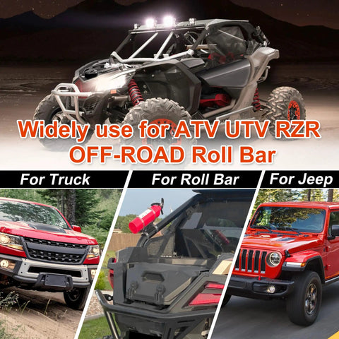 Quick Release Fire Extinguisher Mount For Roll Bars Aluminum Bottle Holder displayed on various vehicles, jeep, truck, UTV.