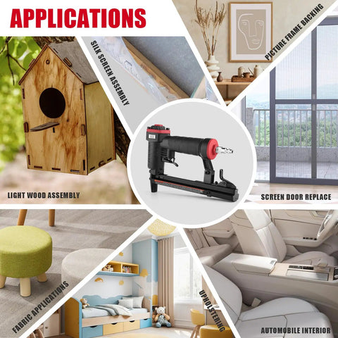 22 Gauge 3/8 Inch Crown Pneumatic Upholstery Stapler For 71 Series Staples, 1/4 To 5/8 Inch Length, with application examples