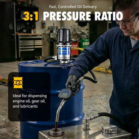 Heavy Duty Pneumatic Oil Pump Transfers 11.9 GPM Fast With Rust Resistant Stainless Steel And Icing Free Air Motor, dispensing oil.