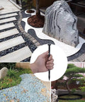 Decorative landscaping with spiral nylon spikes depicted, featuring stone path borders and garden beds for securing edges.