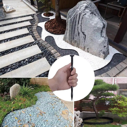 Decorative landscaping with spiral nylon spikes depicted, featuring stone path borders and garden beds for securing edges.
