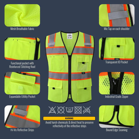 Solid High Visibility Reflective Safety Vest With Multiple Pockets Built Tough For Daily Grind Ansi Compliant Yellow Mesh Vest showcasing mesh fabric and utility pockets.