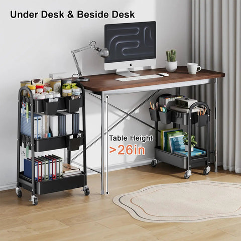 Two Tier Rolling Cart With Wheels Heavy Duty Metal Storage Organizer On Casters for office under desk use, black metal.
