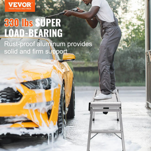 Foldable Aluminum Work Platform 30 by 12 by 20 Inches, Heavy Duty Stool Ladder With 330 Lb Load Capacity, Non Slip Feet, Perfect For Vehicle Washing, Cleaning, Painting, Decorating, And Home Projects. Man washing car on aluminum platform