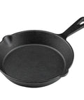 Six Inch Cast Iron Skillet With Drip Spouts For Even Heat, Preseasoned Oven Safe Frying Pan, close-up of skillet with handle