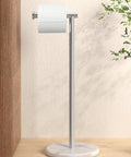 Freestanding Toilet Paper Holder With Unique Marble Base Modern Brushed Stainless Steel Stand Durable SUS304 Bathroom Roll Holder White Marble Base Fits 5 Inch Rolls Minimalist Boss Vibe