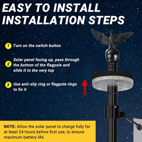 Installation steps for All In One 5 Foot Flag Pole Kit For Outdoor Home Use With American Flag And Solar Light, showing top view.