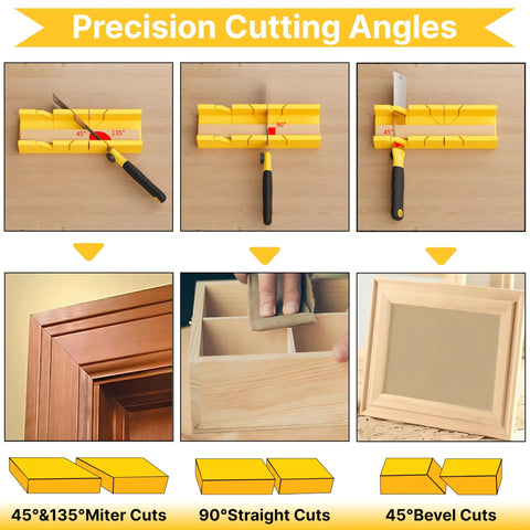 4 Piece Miter Box And Pull Saw Set With 3 Replaceable Blades For Precise 45 And 90 Degree Cuts showcasing cutting angles and finished frames