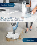 Whole Home Steam Mop With Detachable Handheld For Sealed Floors Bathroom Grout Countertops Upholstery Car Interiors, showing handheld steam cleaner and mop in action.