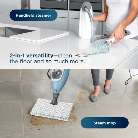 Whole Home Steam Mop With Detachable Handheld For Sealed Floors Bathroom Grout Countertops Upholstery Car Interiors, showing handheld steam cleaner and mop in action.